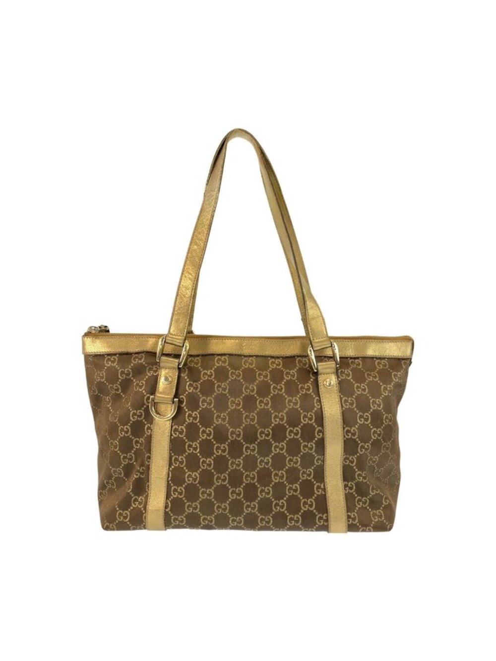 Gucci Abbey Gold Brown GG Canvas Leather Tote Shoulder - Picture 1 of 9